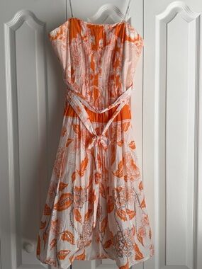 Laundry By Shelli Segal Orange & White Floral Strapless Midi Dress
